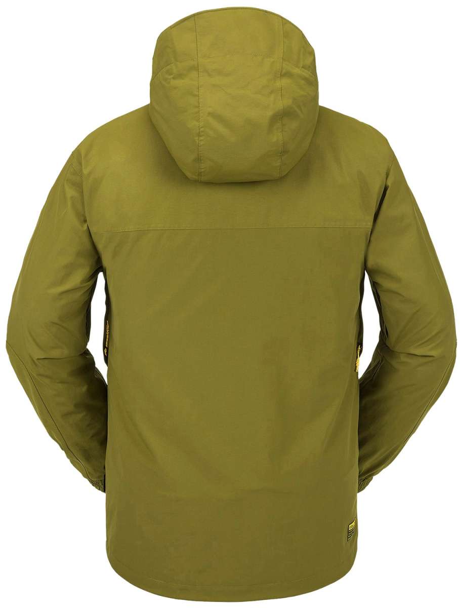 Volcom Longo GORE-TEX Shell Jacket 2024 - A dark olive green jacket with a hood, featuring two zippered pockets on either side and a black zipper running down the front.