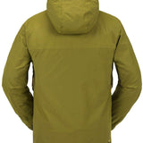 Volcom Longo GORE-TEX Shell Jacket 2024 - A dark olive green jacket with a hood, featuring two zippered pockets on either side and a black zipper running down the front.