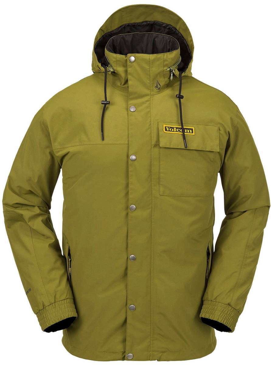 Volcom Longo GORE-TEX Shell Jacket 2024 - A green jacket with a hood, featuring silver snap buttons and a yellow logo on the left chest pocket.