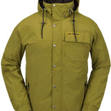 Volcom Longo GORE-TEX Shell Jacket 2024 - A green jacket with a hood, featuring silver snap buttons and a yellow logo on the left chest pocket.