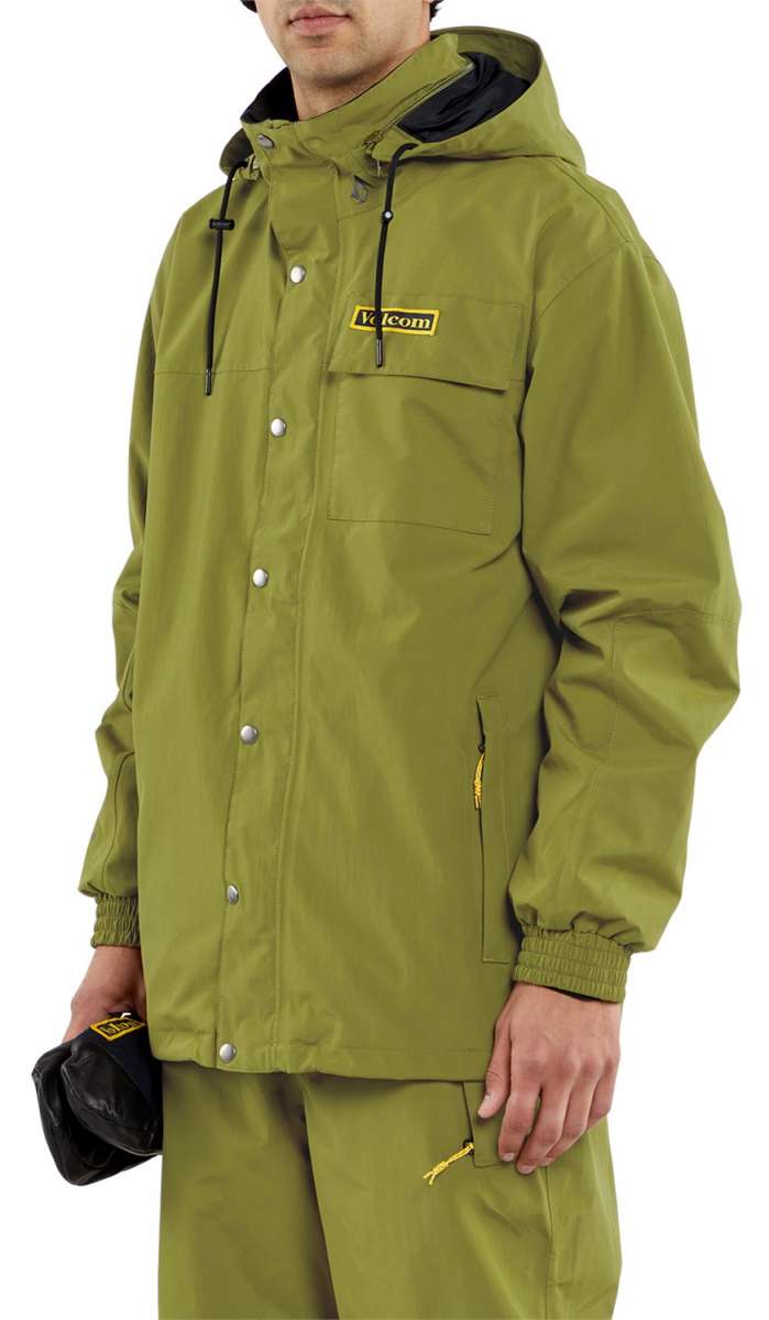 Volcom Longo GORE-TEX Shell Jacket 2024 - A green jacket with a hood and silver snap buttons down the front.