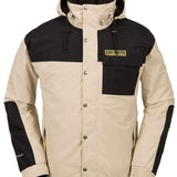 Volcom Longo GORE-TEX Shell Jacket 2024 - A black and tan jacket with a hood, featuring a zippered chest pocket and adjustable cuffs.