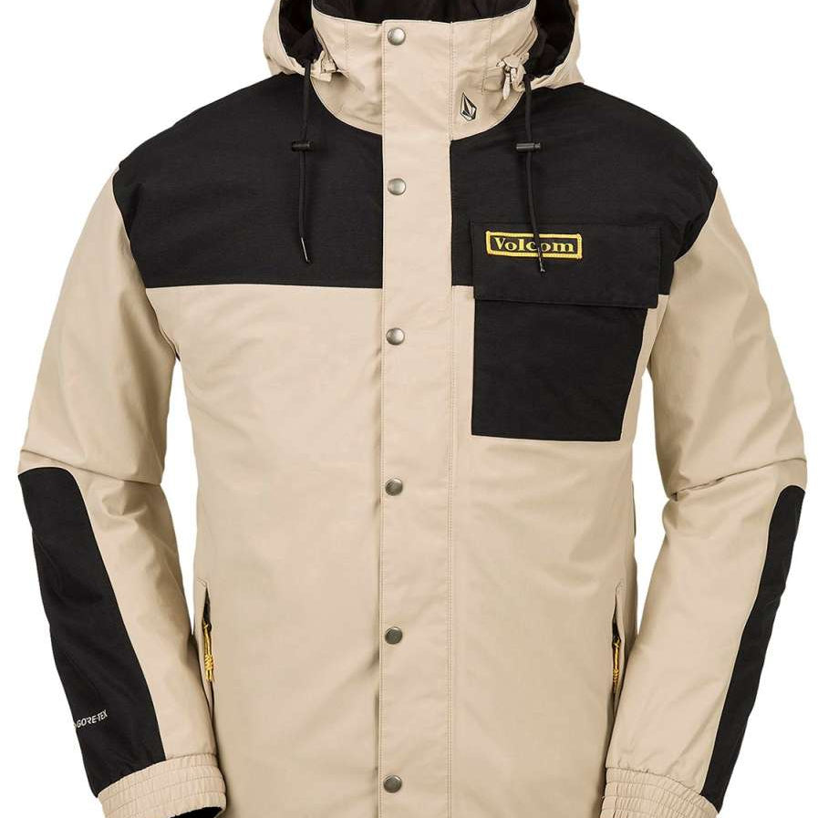 Volcom Longo GORE-TEX Shell Jacket 2024 - A black and tan jacket with a hood, featuring a zippered chest pocket and adjustable cuffs.