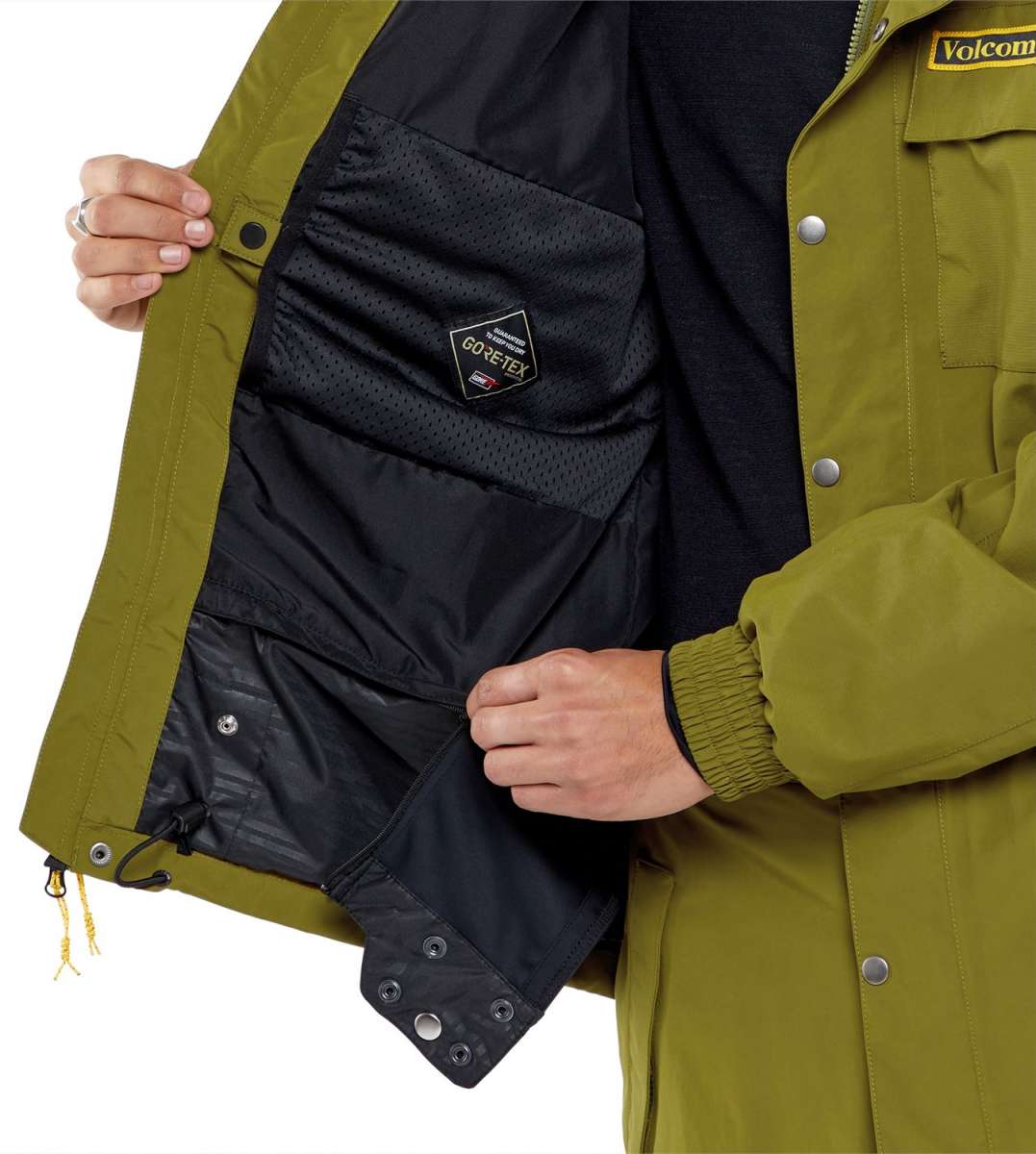 Volcom Longo GORE-TEX Shell Jacket 2024 - A green jacket with a yellow logo on the left chest and a black zipper.
