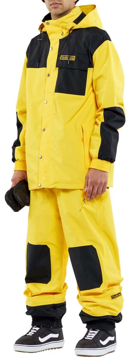 Volcom Longo GORE-TEX Shell Jacket 2024 - A bright yellow jacket with black accents and a hood, featuring silver snap buttons.