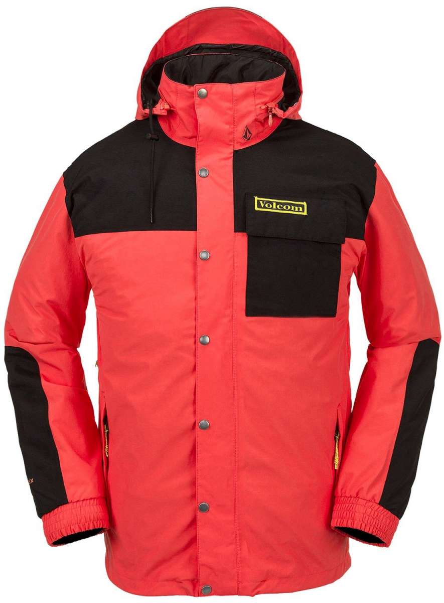 Volcom Longo GORE-TEX Shell Jacket 2024 - A black and red jacket with a hood, featuring a zippered front and two chest pockets.