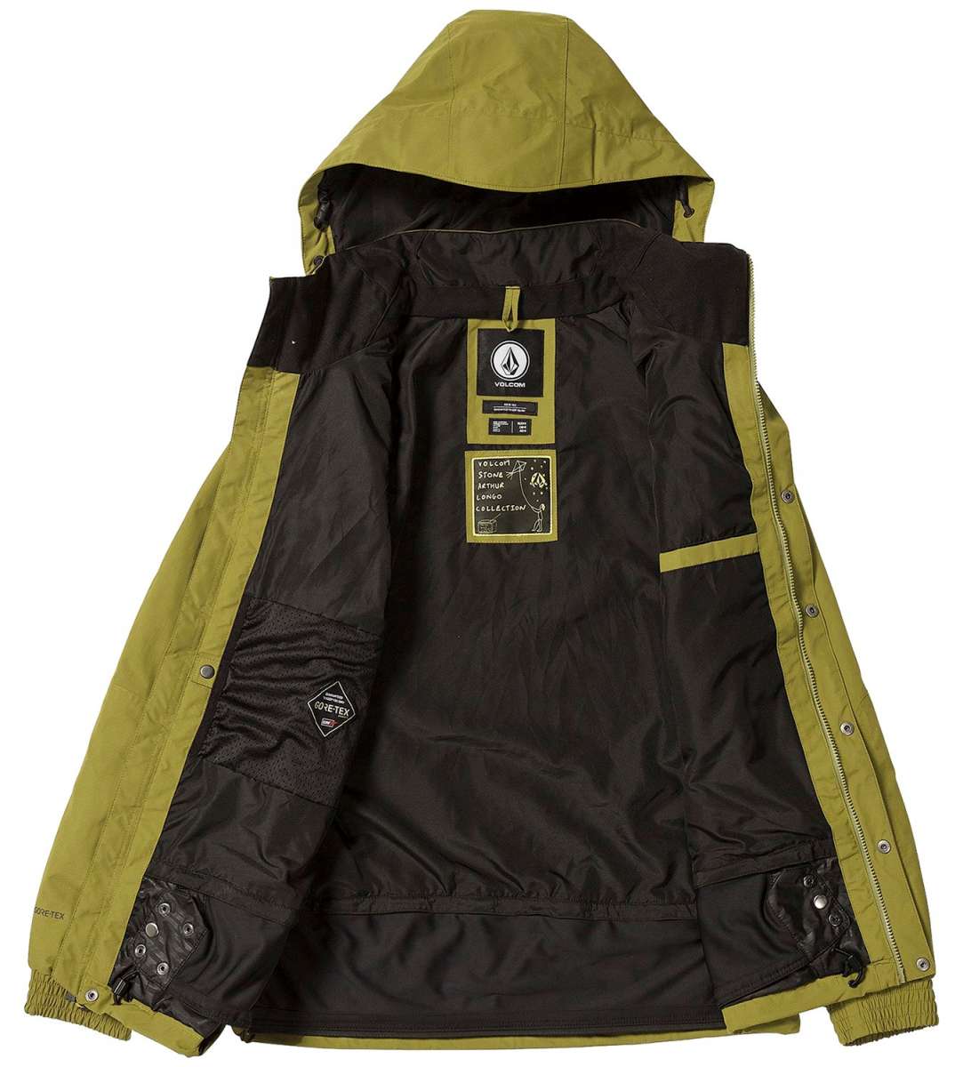 Volcom Longo GORE-TEX Shell Jacket 2024 - A black and olive green jacket with a hood, featuring a zip closure and snap buttons down the front.