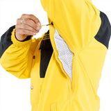 Volcom Longo GORE-TEX Shell Jacket 2024 - A bright yellow jacket with a black shoulder panel and two chest pockets, one of which has a flap closure.