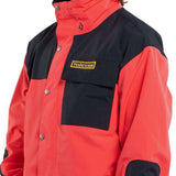 Volcom Longo GORE-TEX Shell Jacket 2024 - A black and red jacket with a yellow logo on the chest, featuring two zippered pockets and adjustable cuffs.
