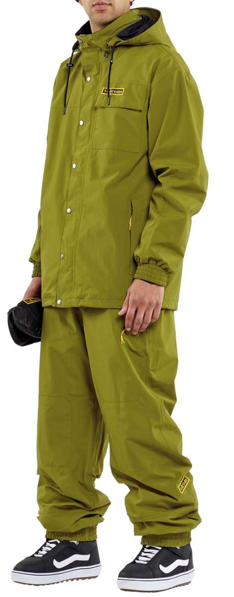 Volcom Longo GORE-TEX Shell Jacket - A green jacket with a hood and two chest pockets, featuring a black zipper and silver snap buttons.