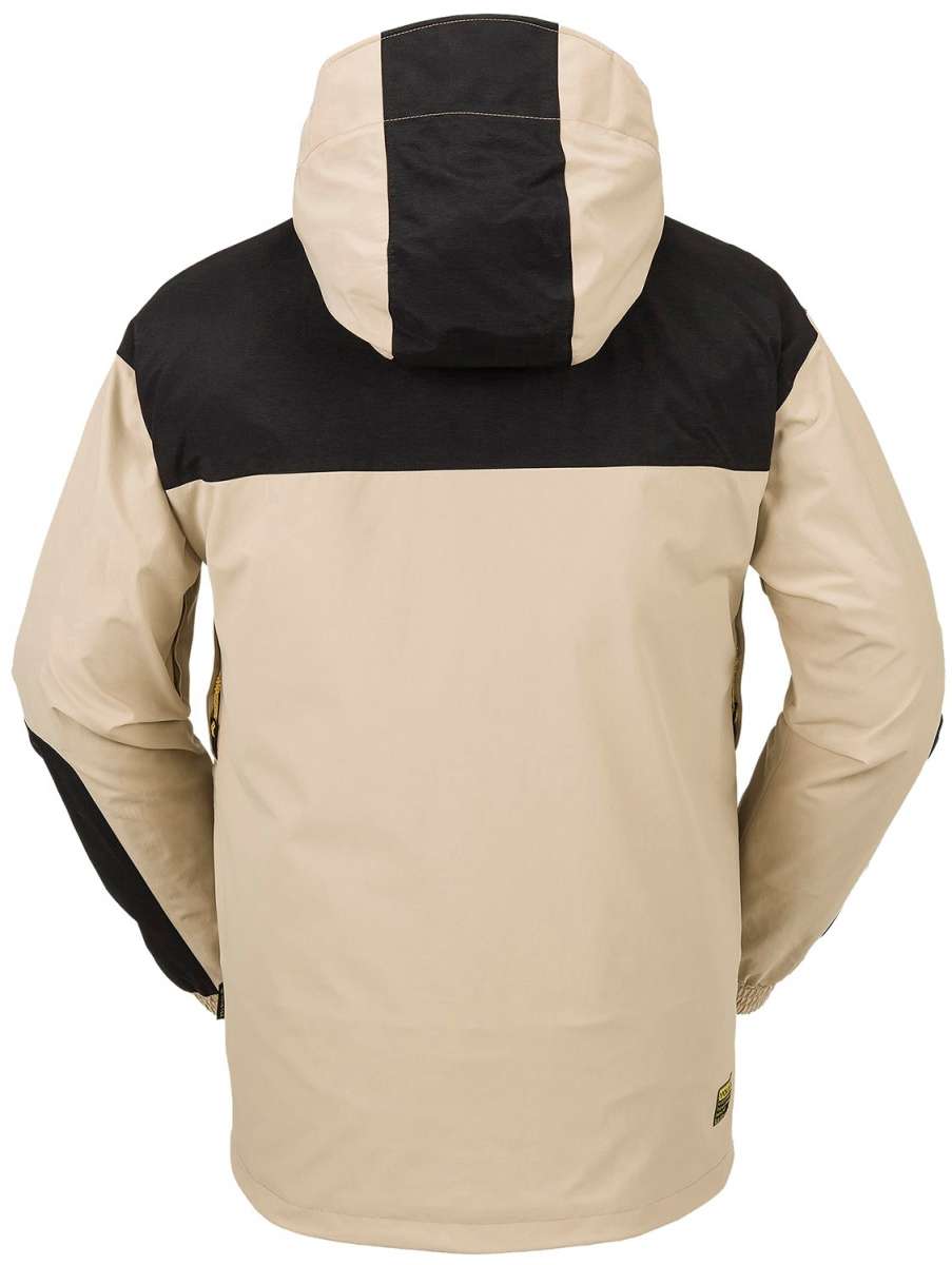 Volcom Longo GORE-TEX Shell Jacket 2024 - A tan jacket with a black stripe across the chest and hood, featuring two zippered pockets on either side.