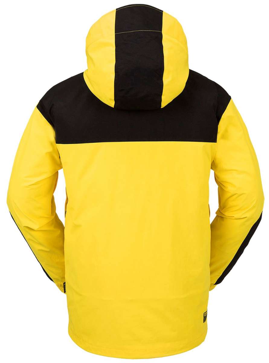 Volcom Longo GORE-TEX Shell Jacket 2024 - A bright yellow jacket with a black stripe across the chest and hood, featuring two zippered pockets on either side.