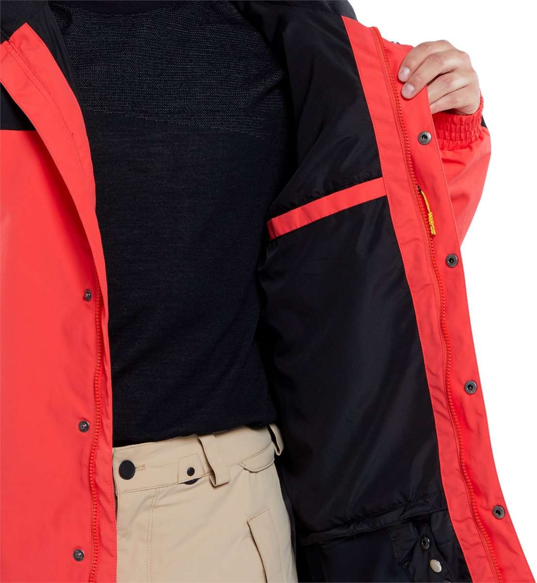 Volcom Longo GORE-TEX Shell Jacket - A black jacket with a red zipper and red trim on the hood, pockets, and down the front.