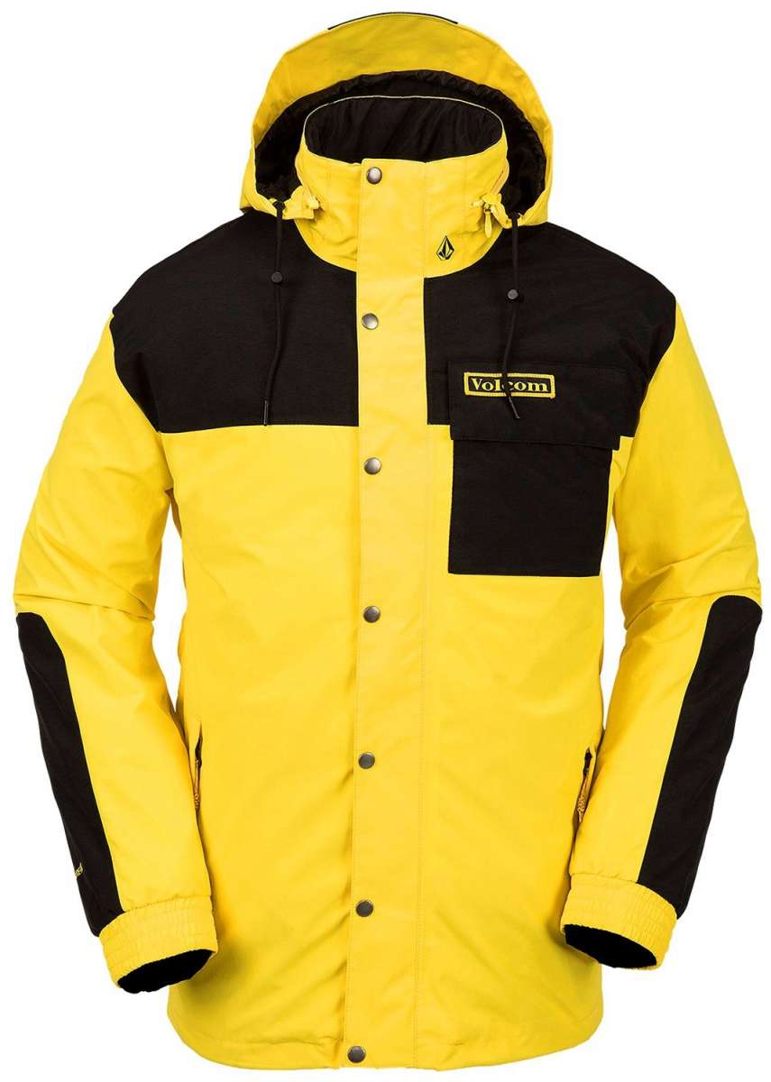 Volcom Longo GORE-TEX Shell Jacket 2024 - A black and yellow jacket with a hood, featuring a zippered front and two chest pockets.