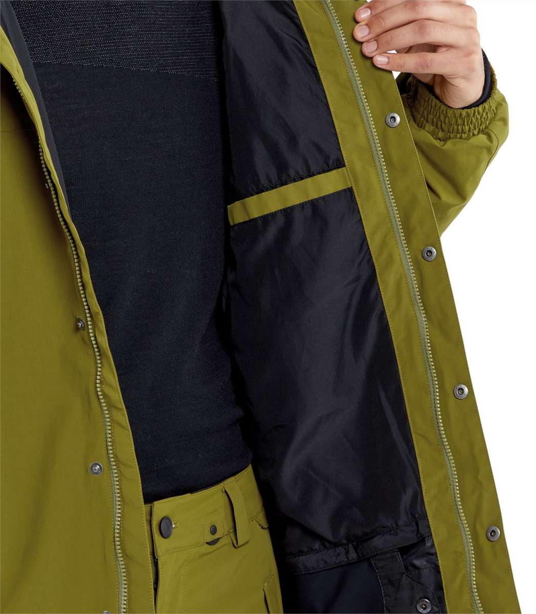 Volcom Longo GORE-TEX Shell Jacket 2024 - A green and black jacket with a zippered front, featuring a hood and adjustable cuffs.