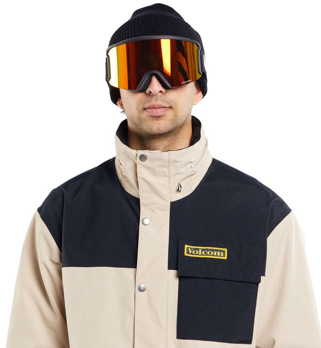 Volcom Longo GORE-TEX Shell Jacket 2024 - A black and tan jacket with a high collar, featuring a small logo on the chest pocket.