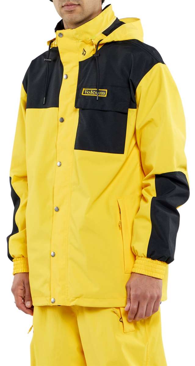 Volcom Longo GORE-TEX Shell Jacket 2024 - A black and yellow jacket with a hood, featuring a zippered chest pocket and adjustable cuffs.