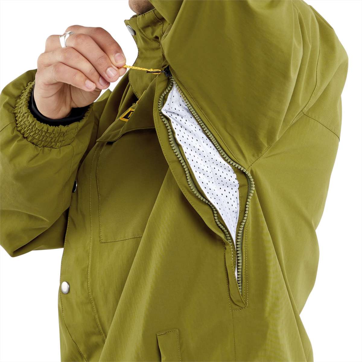Volcom Longo GORE-TEX Shell Jacket 2024 - A green jacket with a hood, featuring yellow zippers and a black logo on the left chest.