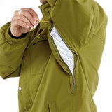 Volcom Longo GORE-TEX Shell Jacket 2024 - A green jacket with a hood, featuring yellow zippers and a black logo on the left chest.