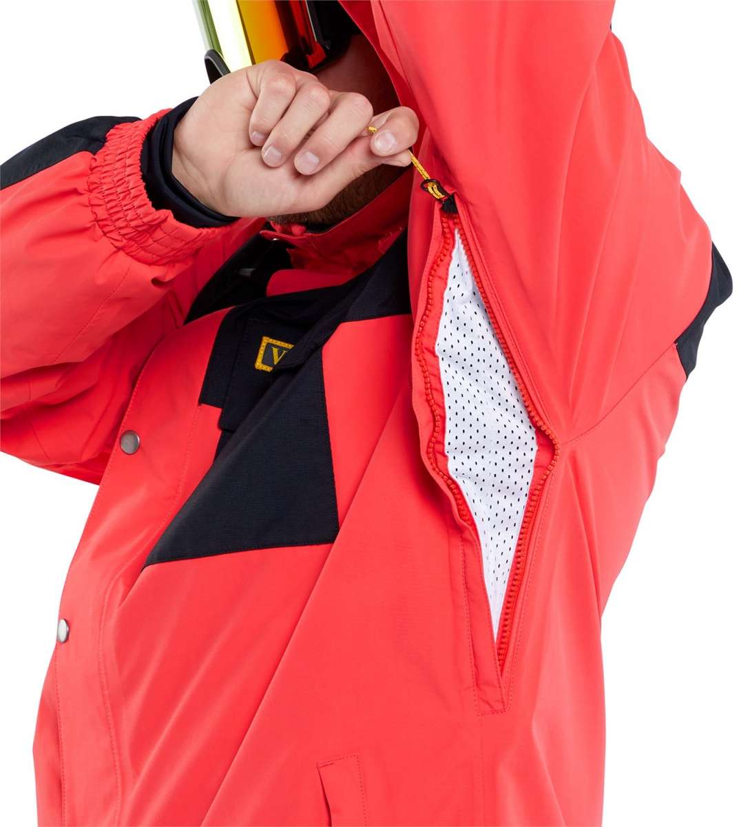Volcom Longo GORE-TEX Shell Jacket 2024 - A red and black jacket with a yellow zipper pull, featuring a diagonal stripe pattern on the chest.