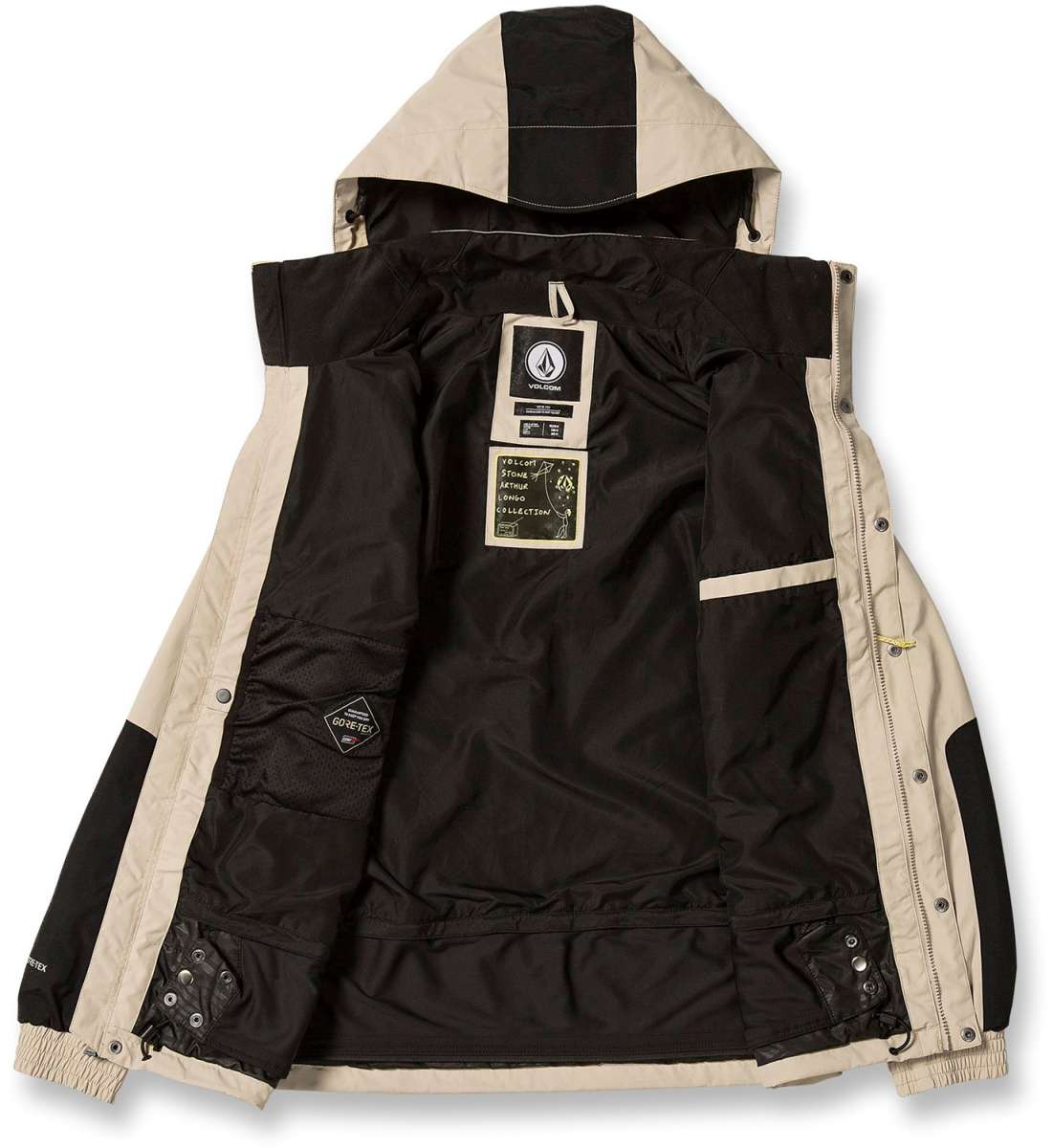 Volcom Longo GORE-TEX Shell Jacket 2024 - A black and tan jacket with a hood, featuring a white logo on the chest.
