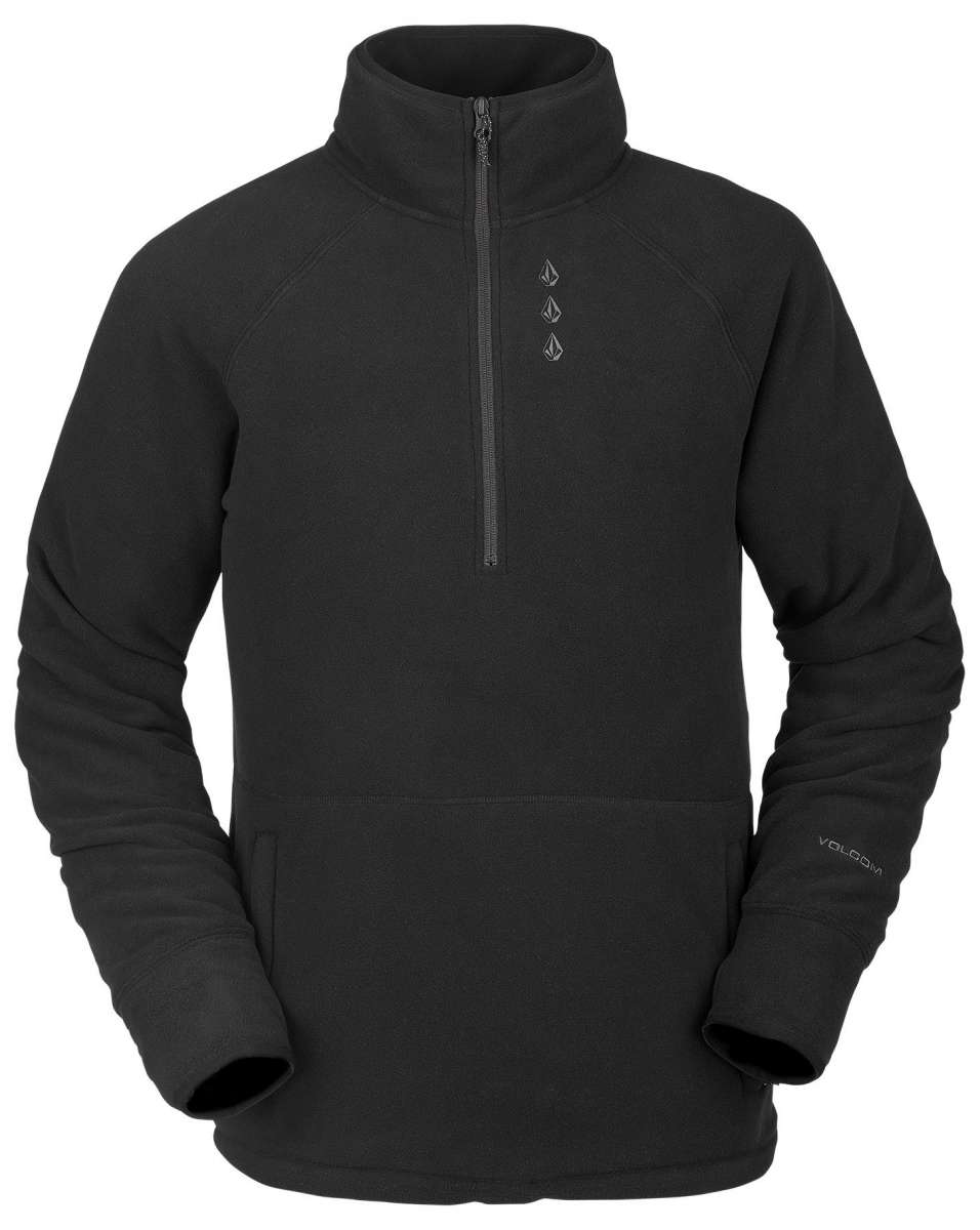 Volcom Polartec Half Zip Fleece 2022 - A black fleece jacket with a half-zip front and three embroidered logos on the left chest.
