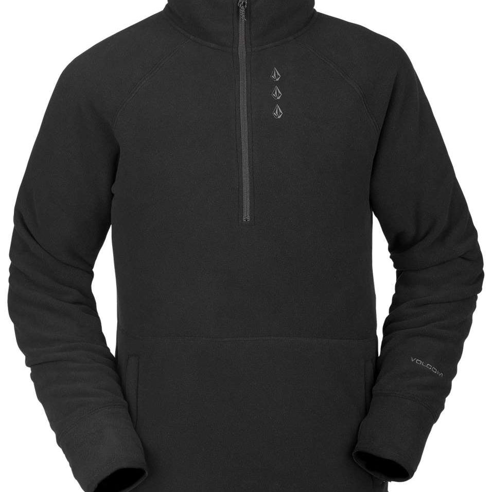 Volcom Polartec Half Zip Fleece 2022 - A black fleece jacket with a half-zip front and three embroidered logos on the left chest.