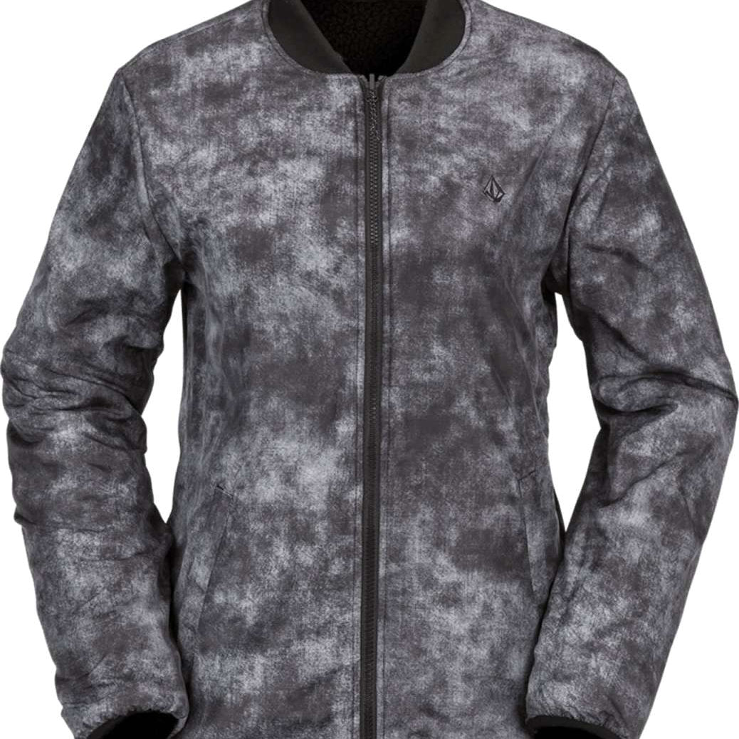 Volcom Women's Reversible Polar Jacket 2022 - A black and white reversible jacket with a subtle snowflake pattern on one side, featuring a zipper closure and two pockets.