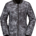 Volcom Women's Reversible Polar Jacket 2022 - A black and white reversible jacket with a subtle snowflake pattern on one side, featuring a zipper closure and two pockets.