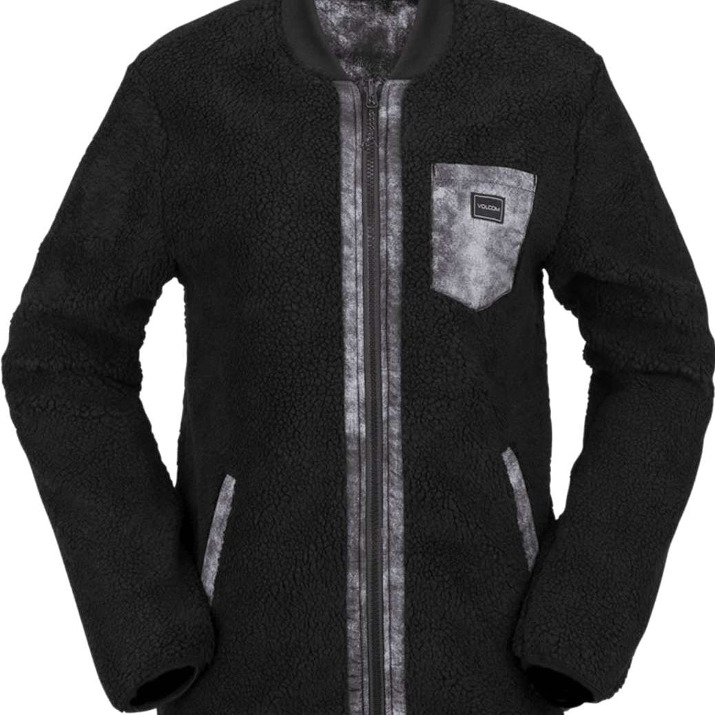 Volcom Women's Reversible Polar Jacket 2022 - A black jacket with a subtle white pattern on one side and solid black on the other, featuring a zippered front and two pockets.