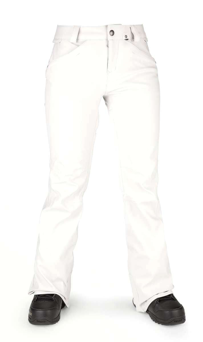 Volcom Women's Species Stretch Pant 2022 - White snow pants with a subtle black stripe down the side of each leg.