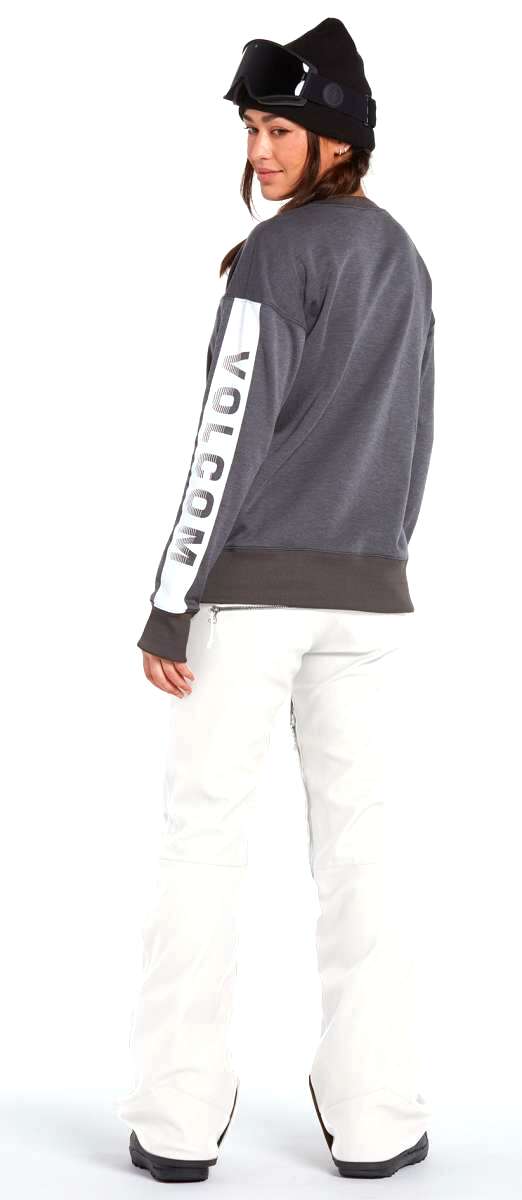 Volcom Women's Species Stretch Pant 2022 - A pair of white snow pants with a black stripe down the side and a zippered pocket on the thigh.