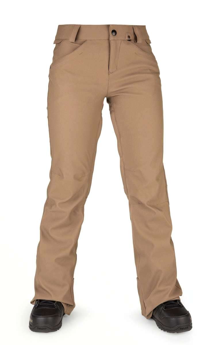 Volcom Women's Species Stretch Pant 2022 - A pair of khaki-colored pants with a subtle pattern and two front pockets.