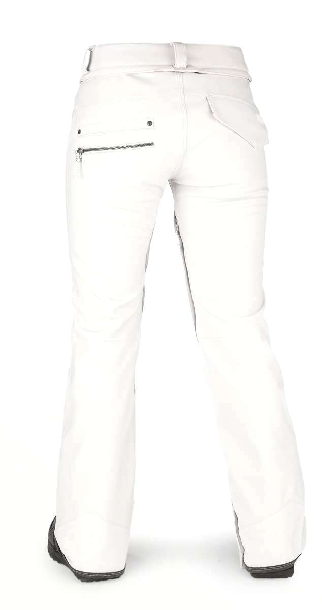 Volcom Women's Species Stretch Pant 2022 - A pair of white pants with a zippered pocket on the back left side.