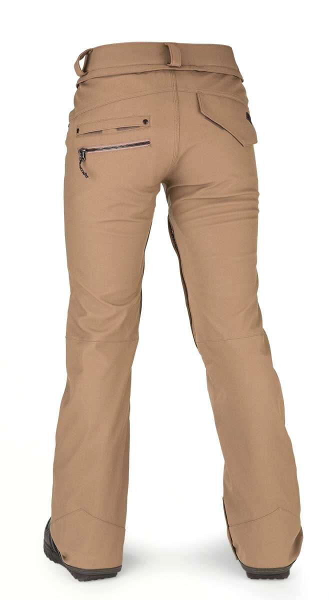 Volcom Women's Species Stretch Pant 2022 - Tan pants with a zippered pocket on the back right side.