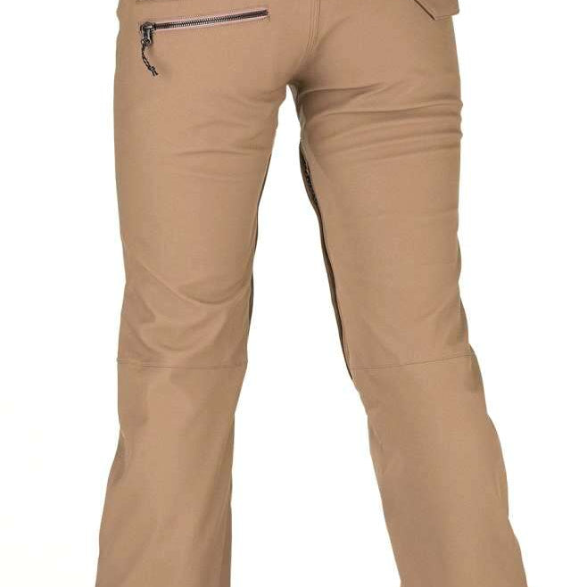 Volcom Women's Species Stretch Pant 2022 - Tan pants with a zippered pocket on the back right side.