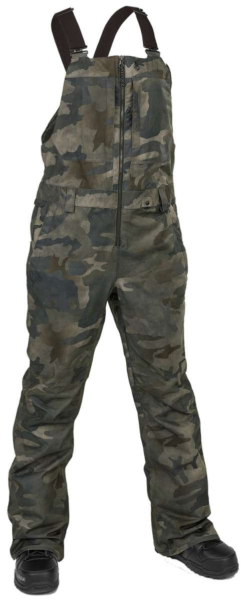 Volcom Women's Swift Bib Overall Pant - A pair of camouflage bib overalls with a zippered fly and two front pockets.