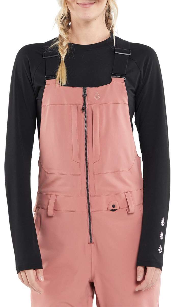 Volcom Women's Swift Bib Overall Pant 2024 - Black bib overalls with white logo on left thigh and black straps.