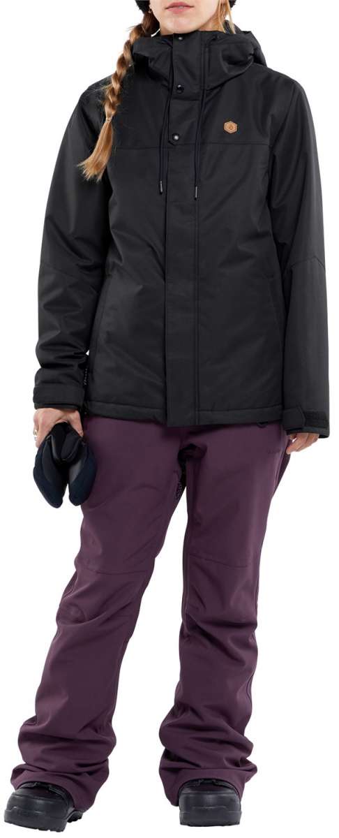 Volcom Women's Swift Bib Overall Pant - Black bib overalls with a zip fly and snap button closure, featuring a black waistband and belt loops.