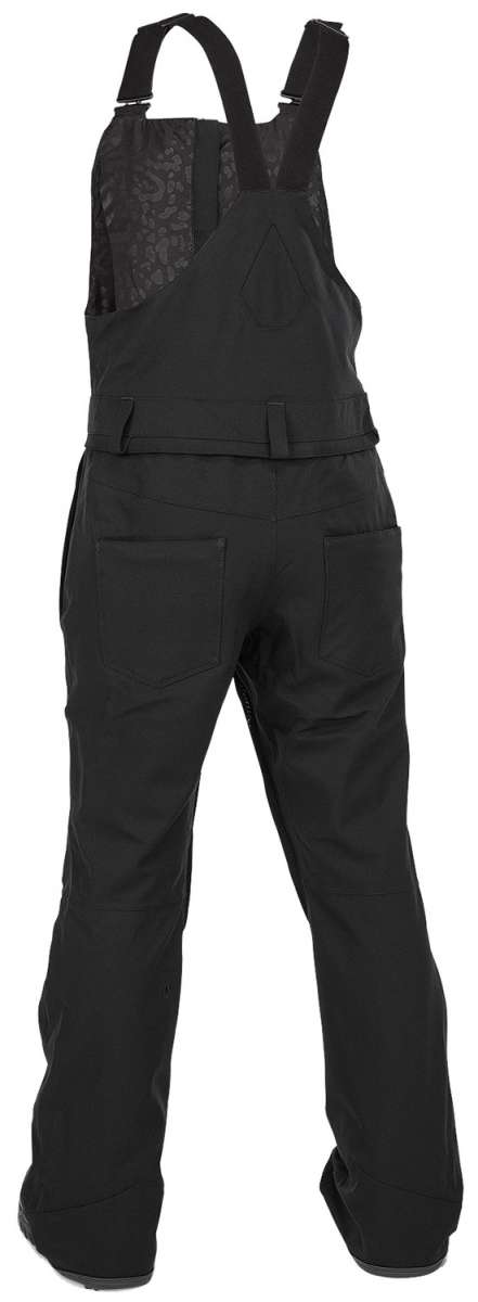 Volcom Women's Swift Bib Overall Pant 2024 - Black bib overalls with floral pattern on the side pockets and black straps.