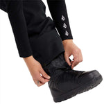 Volcom Women's Swift Bib Overall Pant 2024 - Black bib overalls with white logo on left thigh and black drawstring waistband.