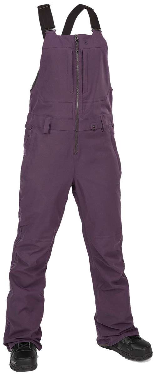 Volcom Women's Swift Bib Overall Pant 2024 - Dark-colored bib overalls with a zippered fly and adjustable straps.
