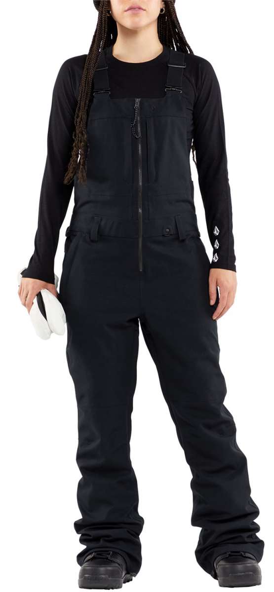 Volcom Women's Swift Bib Overall Pant 2024 - Black bib overalls with white logo on left thigh and black straps.