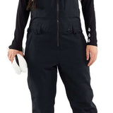 Volcom Women's Swift Bib Overall Pant 2024 - Black bib overalls with white logo on left thigh and black straps.