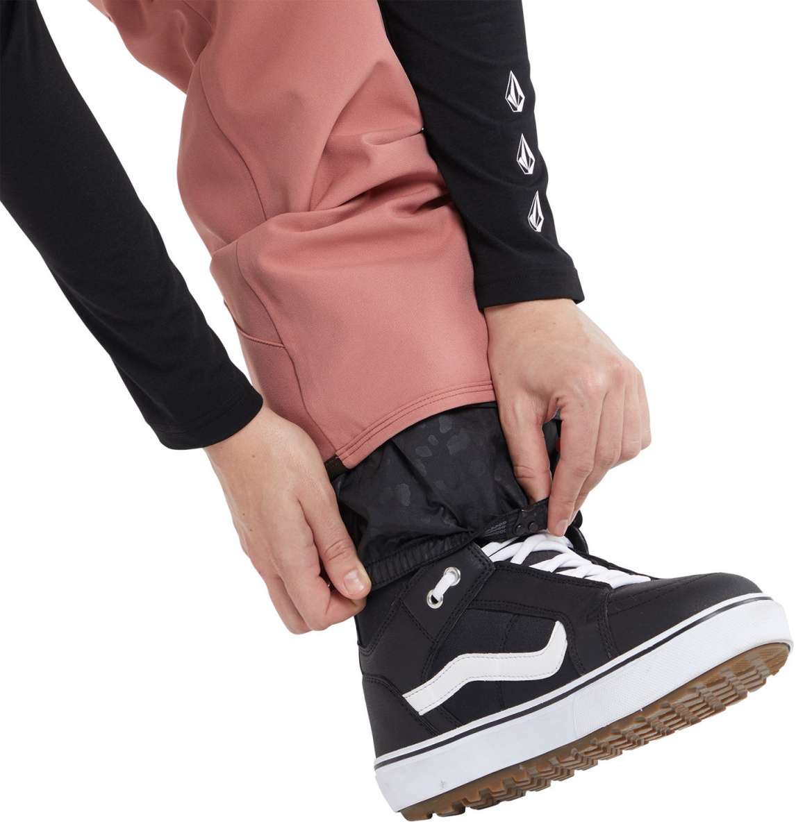 Volcom Women's Swift Bib Overall Pant - Black bib overalls with a subtle pattern of small, light-colored flowers on dark background.