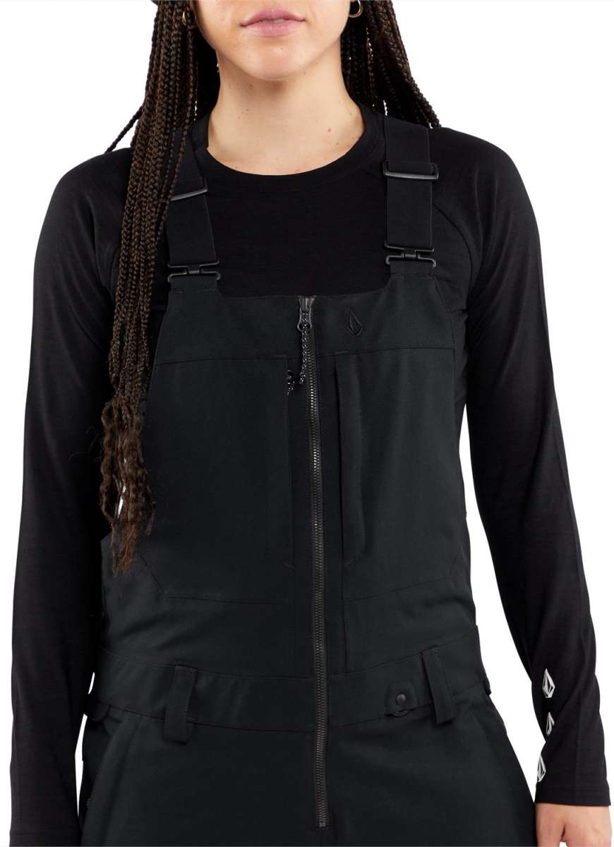 Volcom Women's Swift Bib Overall Pant 2024 - Black bib overalls with adjustable straps and zip fly closure.