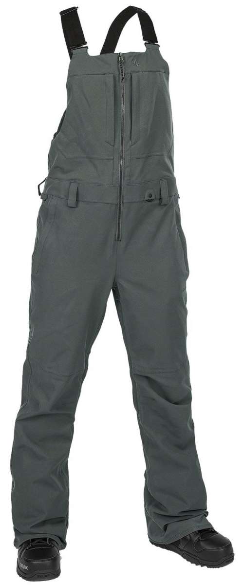Volcom Women's Swift Bib Overall Pant 2024 - Dark gray bib overalls with zippered front and adjustable straps.
