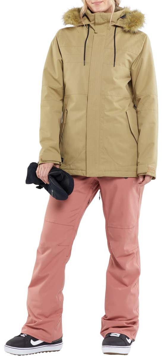 Volcom Women's Swift Bib Overall Pant - Black bib with white logo on left thigh and black zippered pocket on right side.