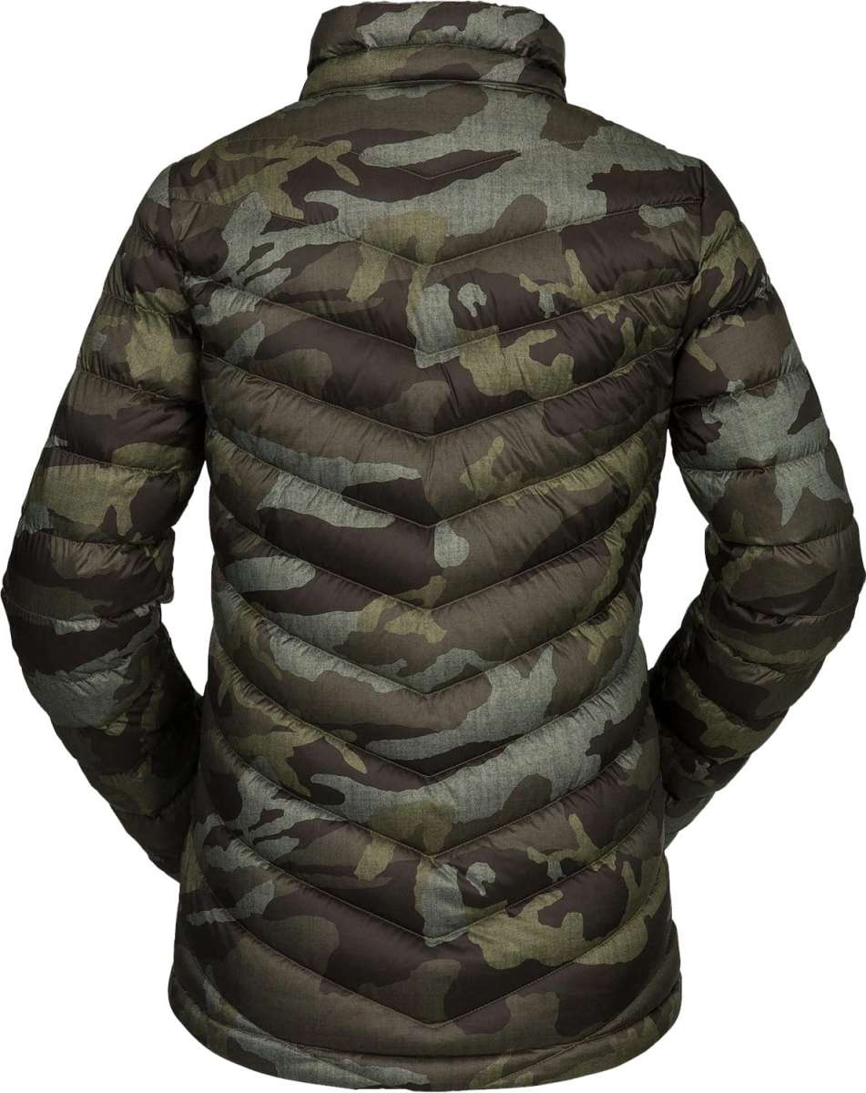 Volcom Women's Tia SD Jacket 2021 - A dark green camouflage print down-filled jacket with a high collar and zippered pockets.