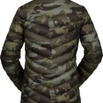 Volcom Women's Tia SD Jacket 2021 - A dark green camouflage print down-filled jacket with a high collar and zippered pockets.